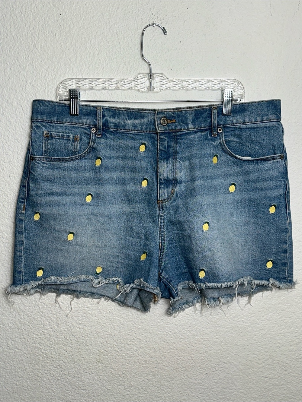 LOFT Cut Off Jean Shorts Lemon Embroidered High Rise Cotton Womens Size 14